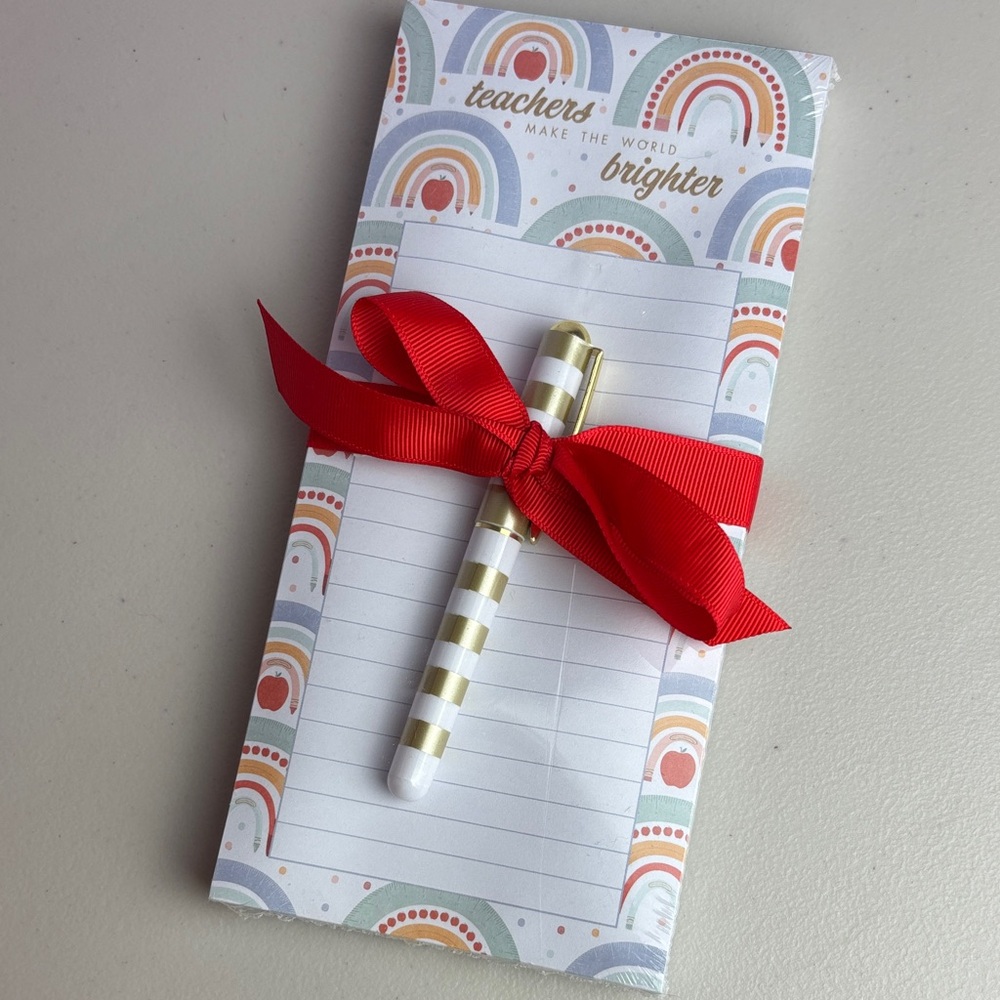 Rainbow Teacher Magnetic Notepad and Pen Set with Red Ribbon